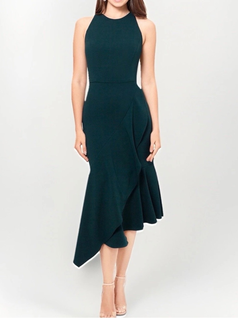 Betsy & Adam Emerald Green Asymmetrical Ruffle Scuba Midi Halter Dress 12 NWT